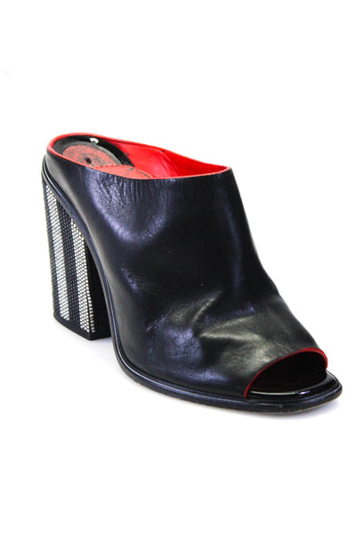 Proenza Schouler Womens Block Heel Peep Toe Mules Sandals Black Leather 38.5