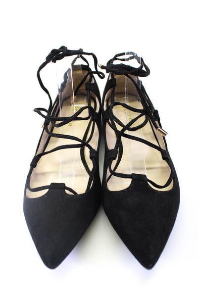 Beston Womens Lace Up Pointed Toe Strappy Ballet Flats Black Suede Size 8.5