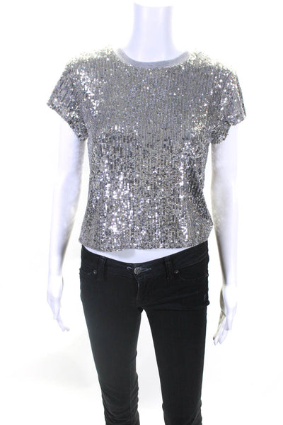 Generation Love Women's Short Sleeve Crewneck Sequin Top Silver Size XXS