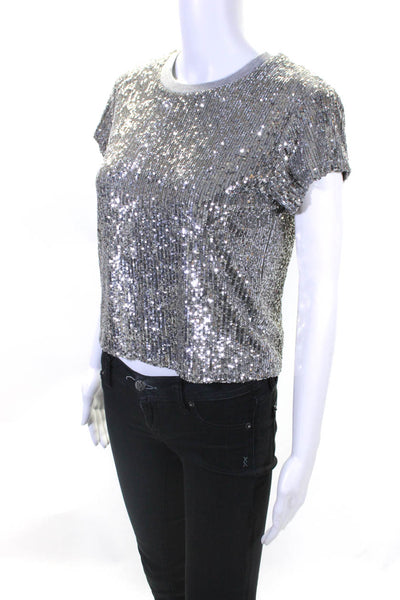 Generation Love Women's Short Sleeve Crewneck Sequin Top Silver Size XXS