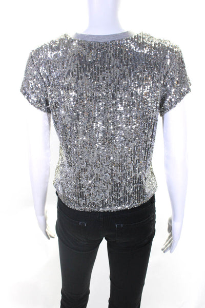 Generation Love Women's Short Sleeve Crewneck Sequin Top Silver Size XXS