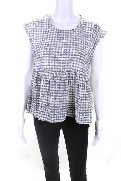 Voloshin Women's Checkered Peplum Blouse White Black Size S