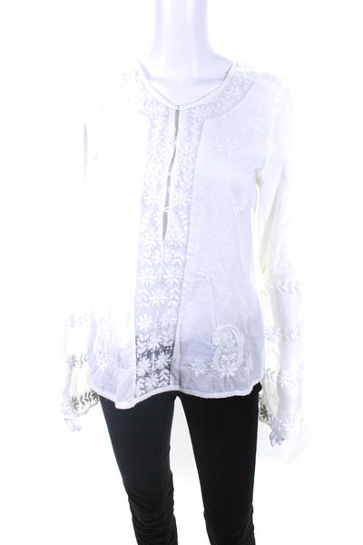 Calypso Saint Barth Women's Embroidered Long Sleeve V Neck Blouse White Size S
