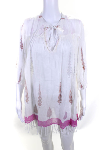 Roberta Roller Rabbit Women's Fringe Hem V Neck Mini Dress White Pink Size S