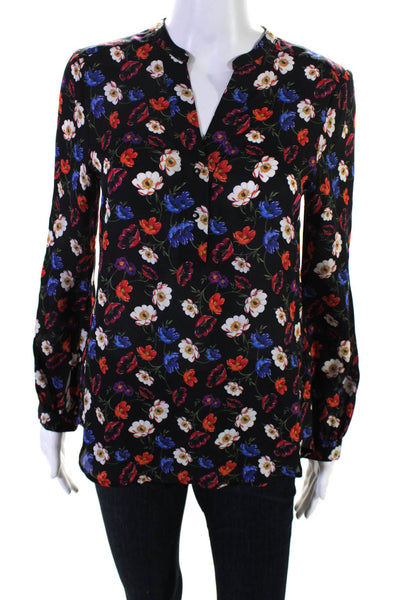 Whistles Womens Silk Floral Print V-Neck Long Sleeve Blouse Top Black Size 2