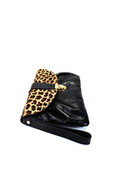 Pietro Alessandro Womens Leather Animal Print Flap Wristlet Clutch Handbag Black
