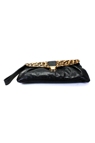 Pietro Alessandro Womens Leather Animal Print Flap Wristlet Clutch Handbag Black