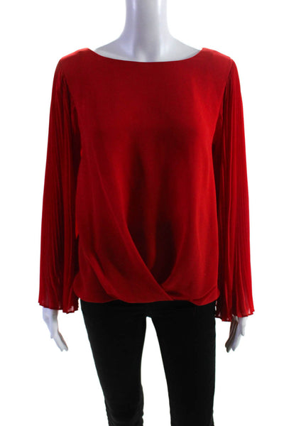 Vince Camuto Womens Pleated Round Neck Long Sleeve Blouse Top Red Size M