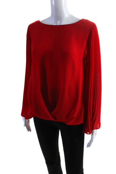 Vince Camuto Womens Pleated Round Neck Long Sleeve Blouse Top Red Size M