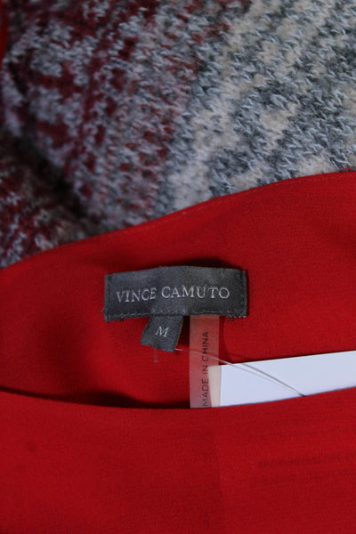 Vince Camuto Womens Pleated Round Neck Long Sleeve Blouse Top Red Size M