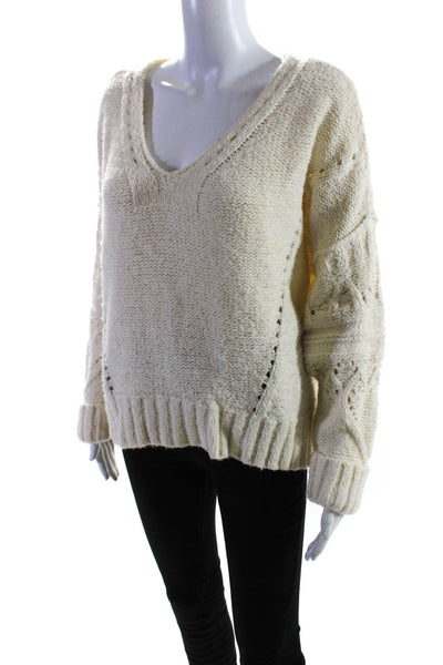 Anthropologie Womens Cotton Blend Knit V-Neck Pullover Sweater Cream Size M