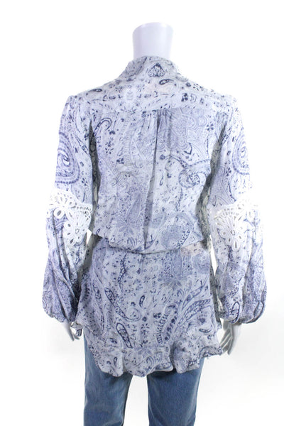 Rococo Sand Womens Paisley Print Embroidered V-Neck Blouse Top Blue Size S