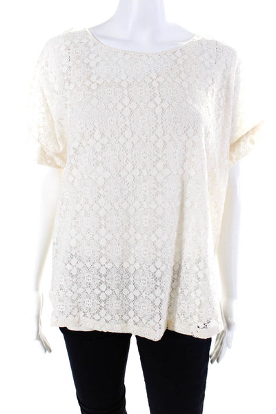 Massimo Dutti Womens Cotton Lace Short Sleeve Round Neck Blouse Top White Size L