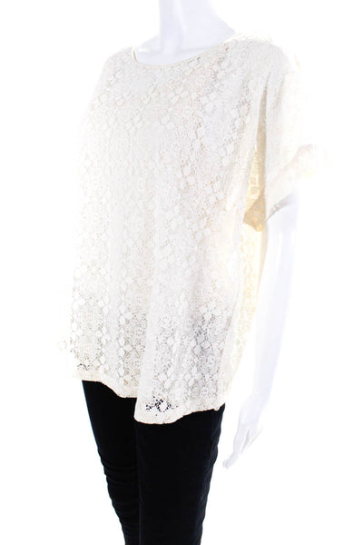 Massimo Dutti Womens Cotton Lace Short Sleeve Round Neck Blouse Top White Size L