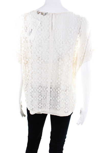 Massimo Dutti Womens Cotton Lace Short Sleeve Round Neck Blouse Top White Size L