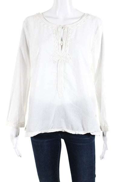 Calypso St Barth Womens Cotton Embroidered Long Sleeve Tunic Blouse White Size L