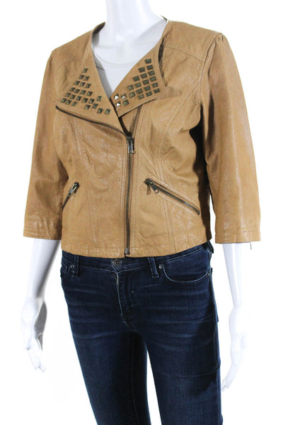 Just Jeans Womens Leather Studded Long Sleeve Full Zip Jacket Brown Size 12