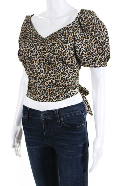 Marissa Webb Women's Leopard Print Backless Puff Sleeve Blouse Brown Size M