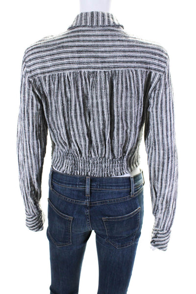 Free People Womens Striped Buttoned Crossed Front Blouse Black White Size S