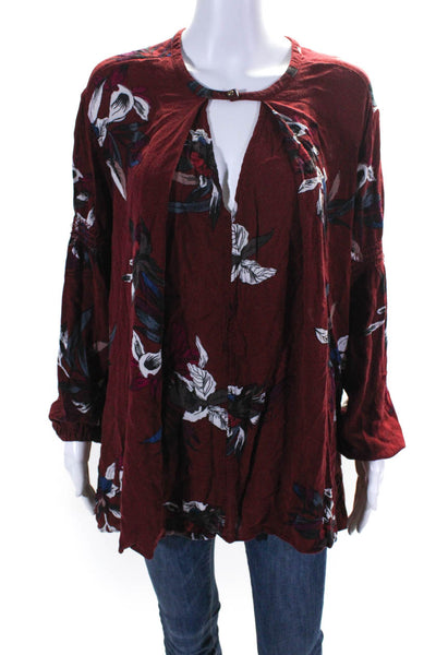 Free People Womens Floral Print Key Hole Neck Blouse Burgundy Red Size Small