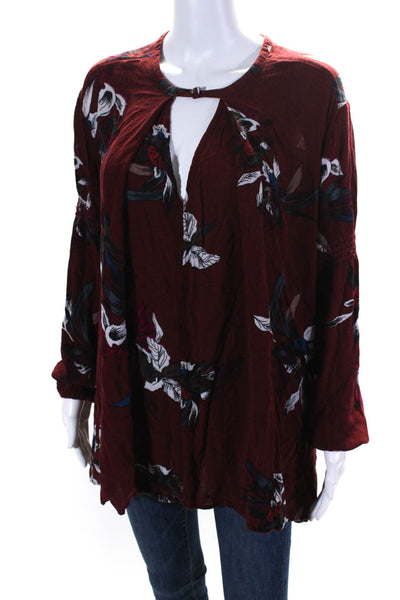 Free People Womens Floral Print Key Hole Neck Blouse Burgundy Red Size Small