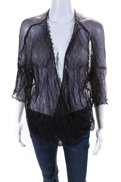 Nataya Womens Sheer Embroidered Beaded V-Neck Wrapped Blouse Purple Size M