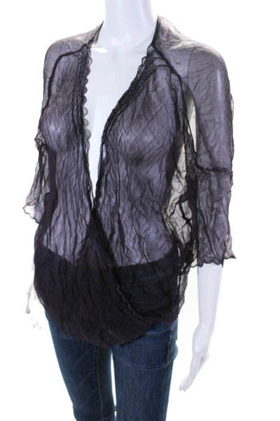 Nataya Womens Sheer Embroidered Beaded V-Neck Wrapped Blouse Purple Size M