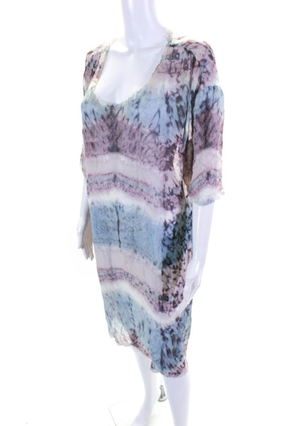 Go Silk Womens Silk Tie Dye Sheer Fringed Short Sleeve Shift Dress Purple Size L
