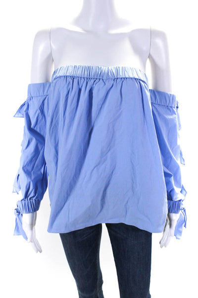 Milly Womens Cotton Ruched Off-the-Shoulder Tied Sleeve Blouse Top Blue Size S