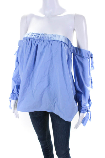 Milly Womens Cotton Ruched Off-the-Shoulder Tied Sleeve Blouse Top Blue Size S