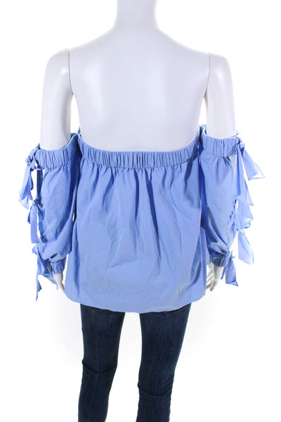 Milly Womens Cotton Ruched Off-the-Shoulder Tied Sleeve Blouse Top Blue Size S