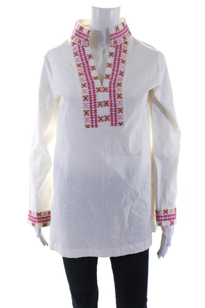 CK Bradley Womens Embroidered Long Sleeves Tunic Blouse White Cotton Size Large