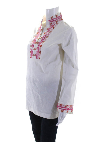 CK Bradley Womens Embroidered Long Sleeves Tunic Blouse White Cotton Size Large