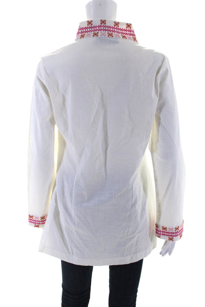 CK Bradley Womens Embroidered Long Sleeves Tunic Blouse White Cotton Size Large