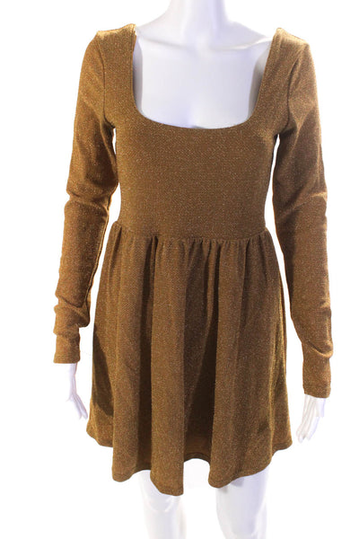 Free People Women's Long Sleeve Scoop Neck A Line Mini Dress Gold Size M