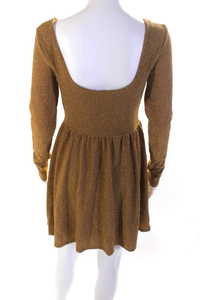 Free People Women's Long Sleeve Scoop Neck A Line Mini Dress Gold Size M