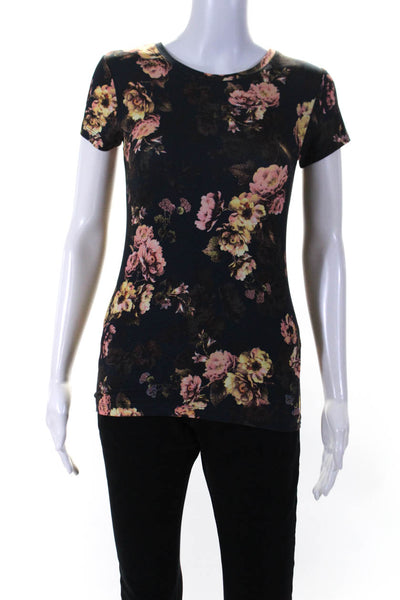 L'Agence Women's Floral Print Short Sleeve Crewneck Tee Navy Size XS