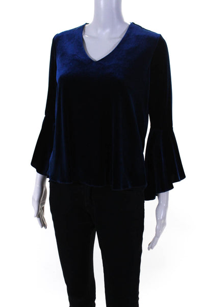 Lola & Sophie Women's 3/4 Sleeve V Neck Velvet Top Blue Size XS