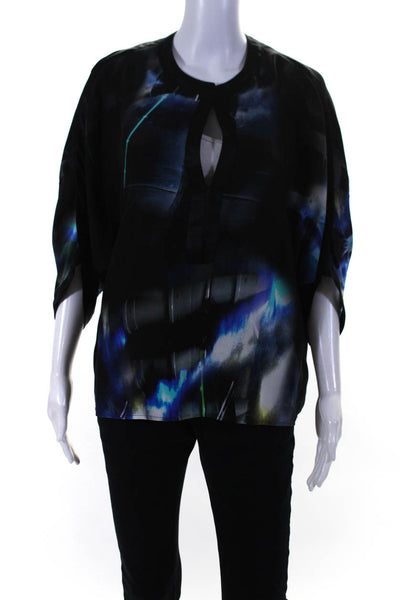 Roi Women's Half Sleeve Printed Hook & Eye Silk Blouse Black Size M