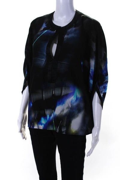 Roi Women's Half Sleeve Printed Hook & Eye Silk Blouse Black Size M