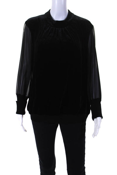 Etcetera Womens Chiffon Velvet Crew Neck Long Sleeve Blouse Top Black Size XL