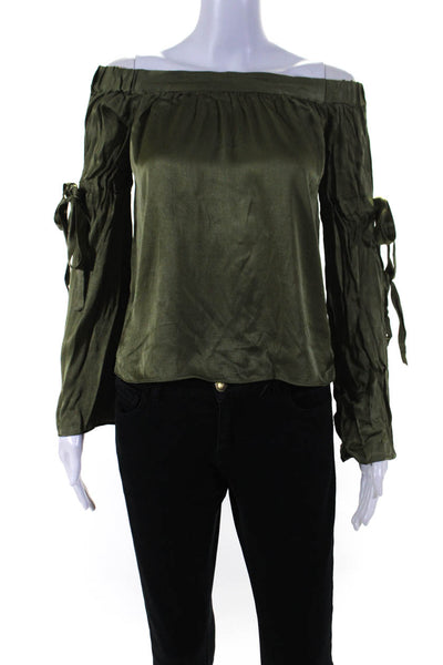 L'Academie Womens Elastic Off the Shoulder Bell Long Sleeve Blouse Green Size S