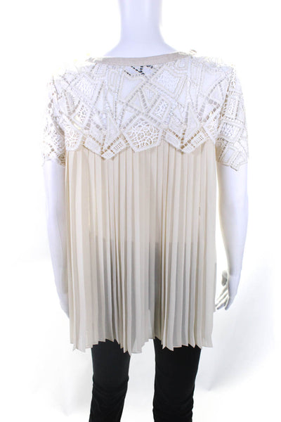 Per Se Womens Crochet Pleated Short Sleeves Blouse Beige White Size 4