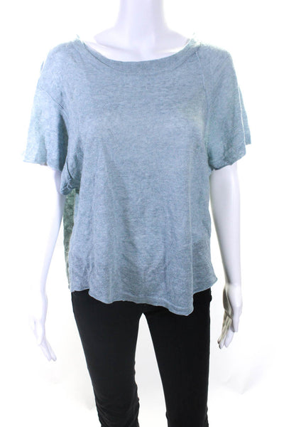 Cotelac Womens Linen Short Sleeves Pullover Crew Neck Sweater Blue Size 2