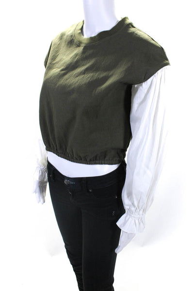 Cinq A Sept Womens Drawstring Sweatshirt Green White Cotton Size Small