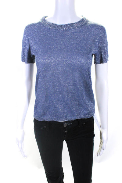 White + Warren Womens Short Sleeves Sweater Blue Metallic Size Extra Small