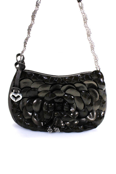 Brighton Womens Leather Textured Floral Top Zip Small Shoulder Handbag Silver