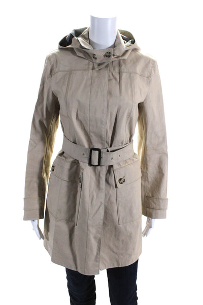 Prada Womens Cotton Topstitched Hooded Button Up Long Trench Coat Beige Size 42