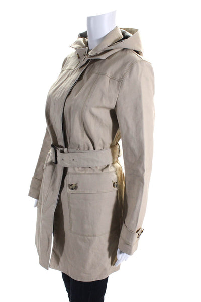 Prada Womens Cotton Topstitched Hooded Button Up Long Trench Coat Beige Size 42