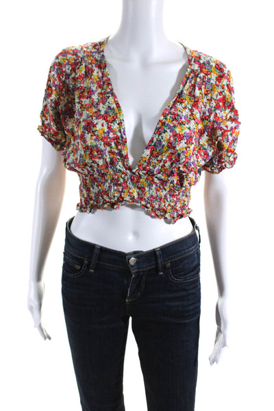 Faithfull The Brand Womens Floral Smocked Waist Crop Top Blouse Red Size S